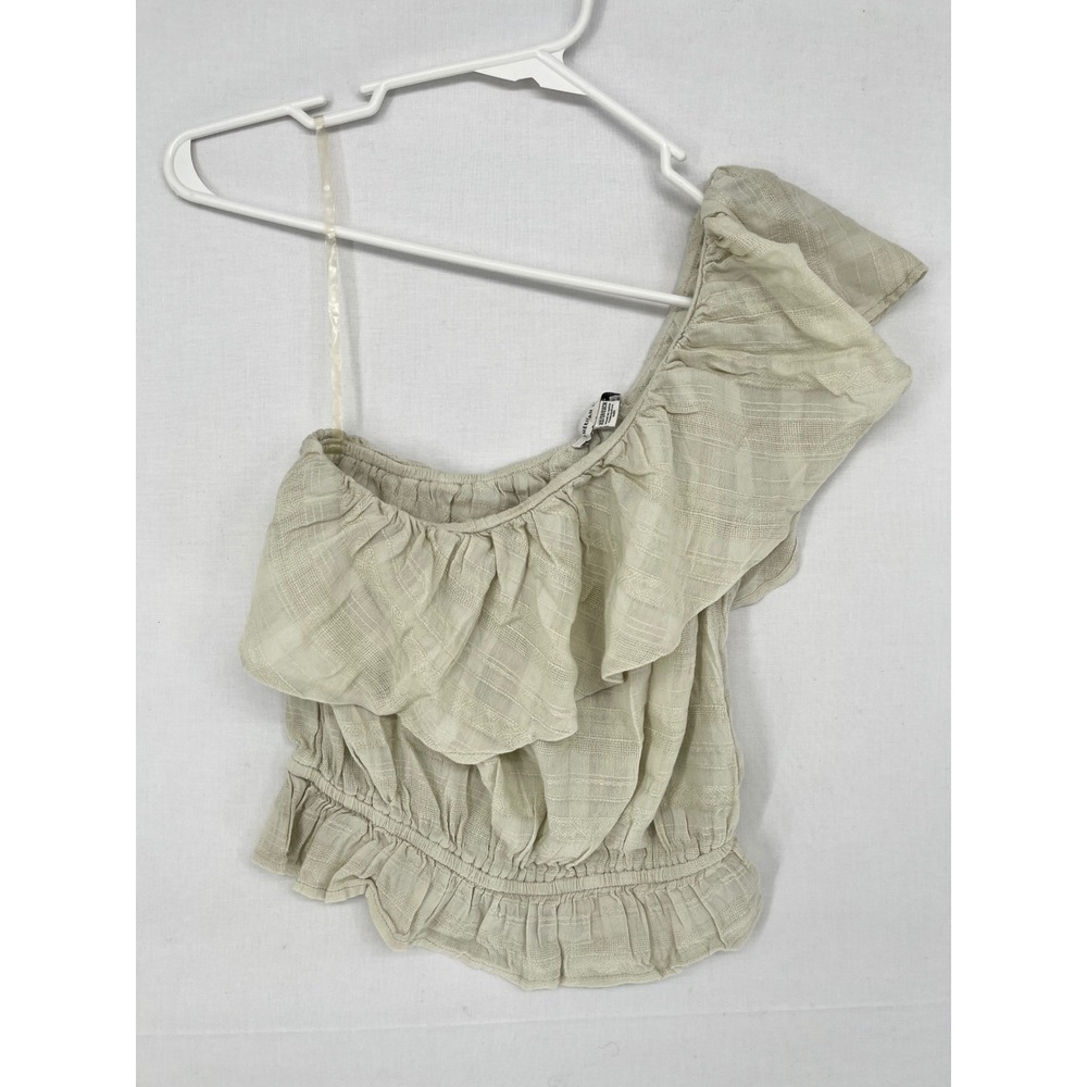 American Eagle One Shoulder Ruffle Smocked Hem Crop Top Sage Green XS